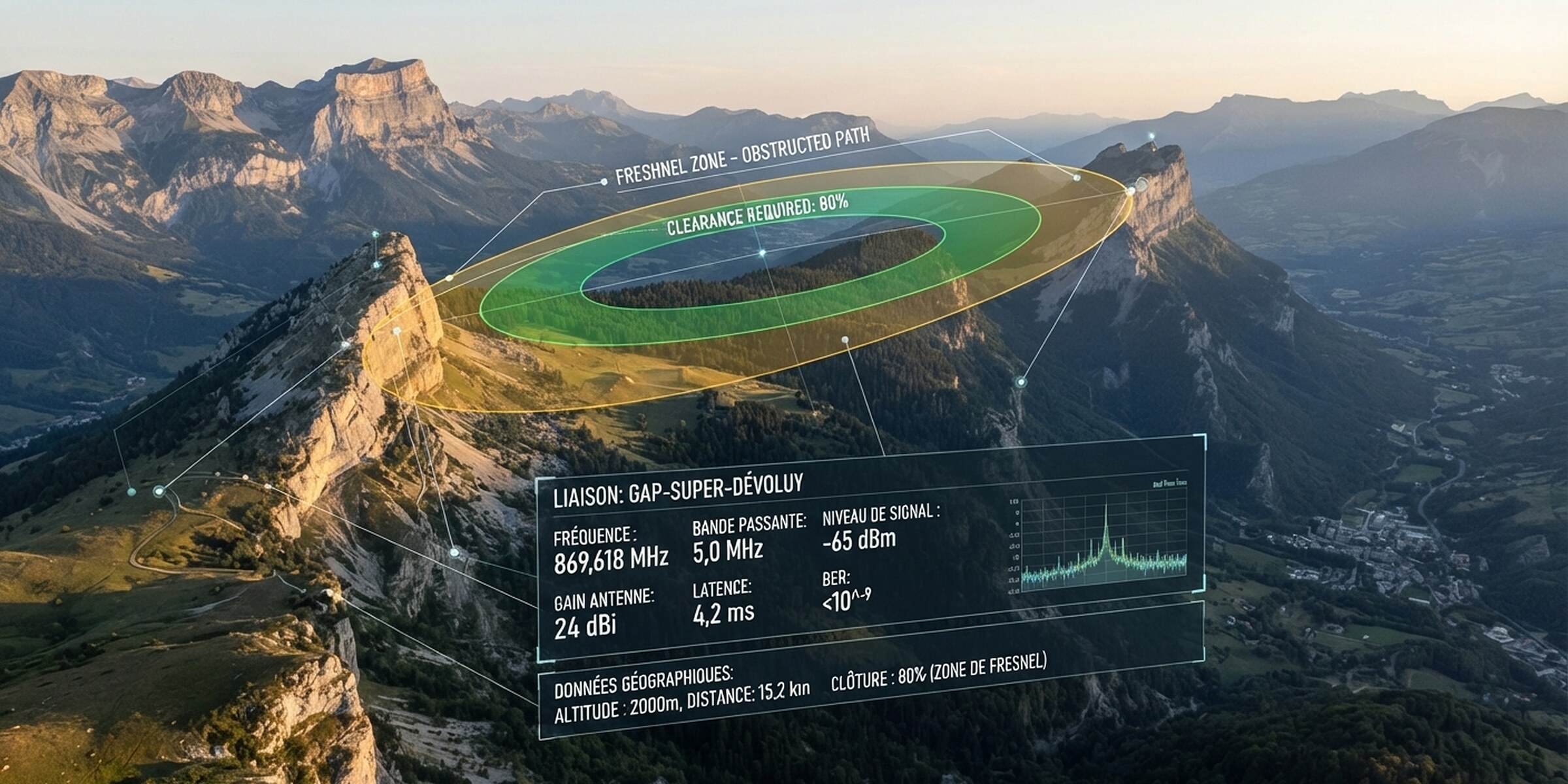 Une crête des Alpes, avec l'ellipsoïde de Fresnel d'une liaison radio tracé au-dessus de la vallée.